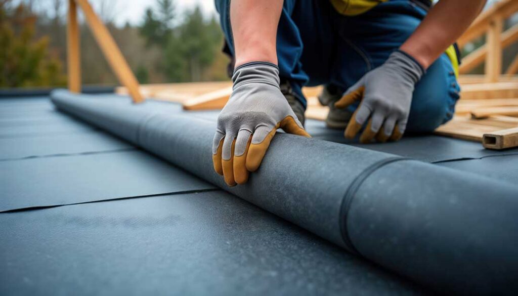 A close-up view of a worker applying a white liquid roof coating to a flat residential rooftop with a roller.