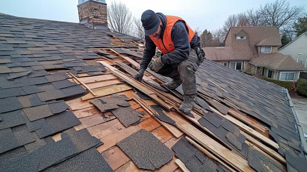 Homeowner inspecting roof shingles from a secured ladder on a dry, sunny day
