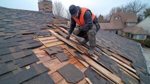 Homeowner inspecting roof shingles from a secured ladder on a dry, sunny day