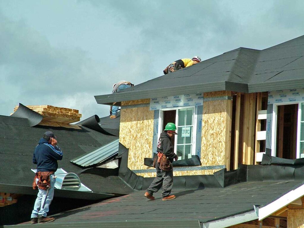 Homeowner inspecting roof shingles from a ladder with gloves, flashlight, and soft brush nearby