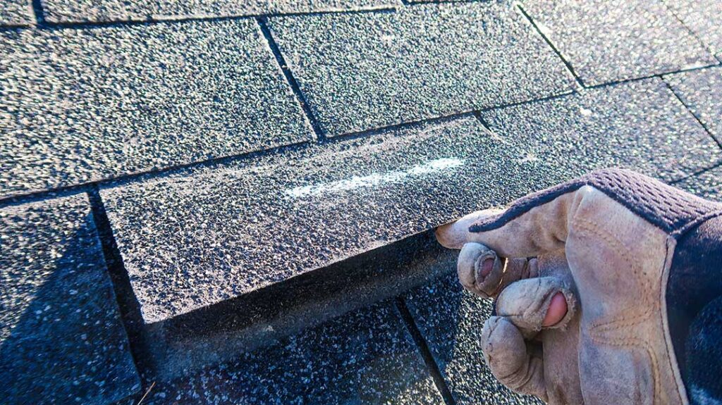 Roofing workers inspect exposed roof decking beside stacked materials on a residential house.